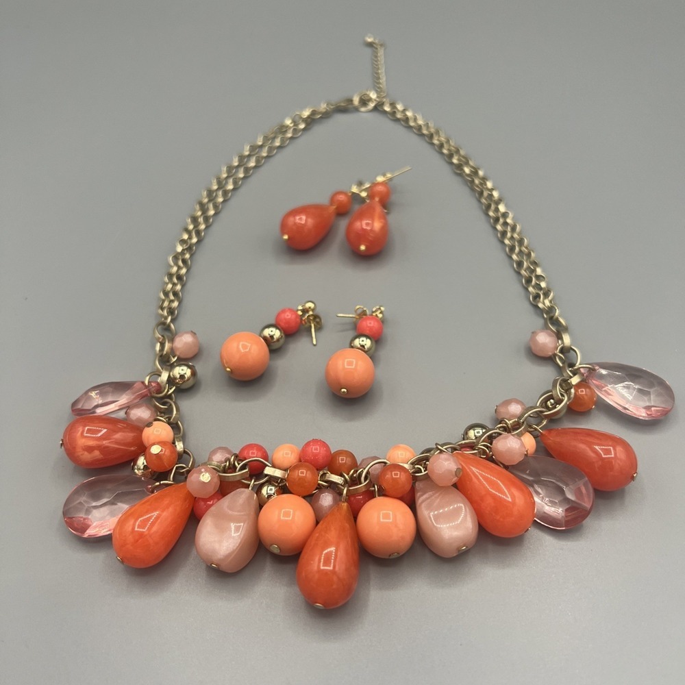 Y2K Coral Pink Orange Beaded Necklace + 2‎ Earring Sets Gold Tone Vintage 18-21"